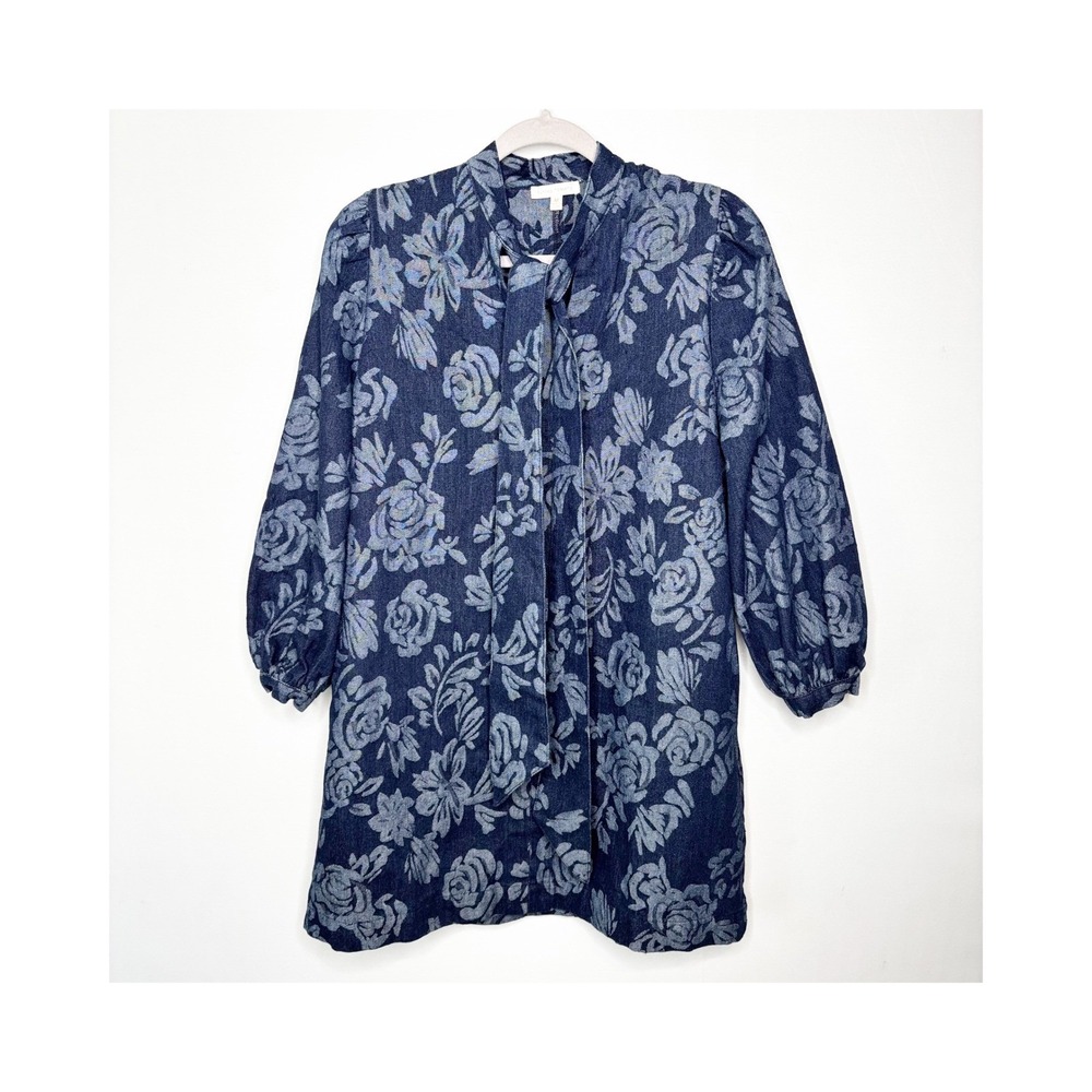 Flying Tomato Denim Mini Dress Size M Floral Print Balloon Sleeve Tie Neck - Picture 11 of 11